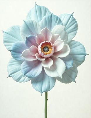 The primary subject of the image is a large, beautifully colored flower with a blue and white petal. The flower is situated in a setting with a white background, which highlights its vibrant colors. The visual style of the image is a combination of photo and digital art, creating a realistic yet artistic representation of the flower. The dominant colors in the image are blue and white, giving the flower a serene and elegant appearance.